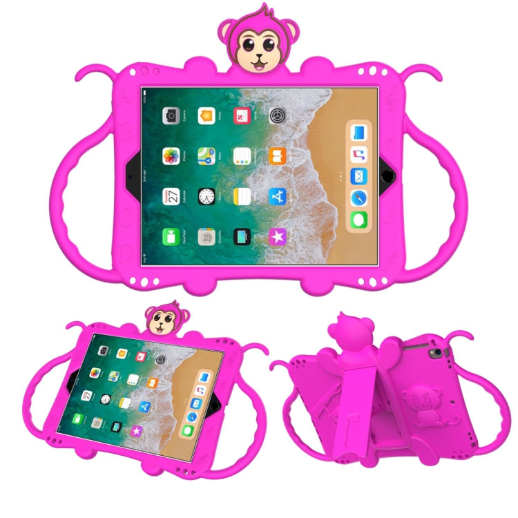 

For iPad 9.7 (2018) Cartoon Monkey Kids Tablet Shockproof EVA Protective Case with Holder & Shoulder Strap & Handle(Rose Red)