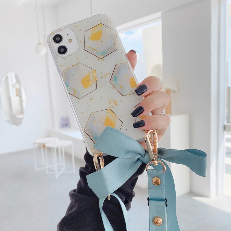 

For iPhone 11 Pro Ribbon Bow Geometric Pattern Glitter TPU Shockproof Case with Neck Strap(Hexagon)