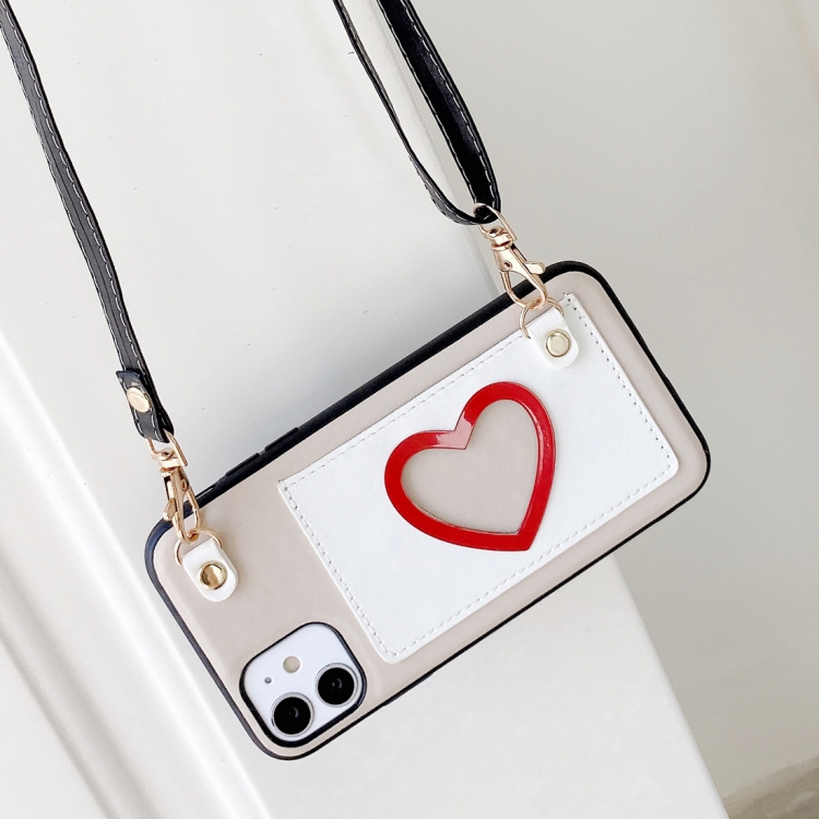 

For iPhone 11 Pro Max Heart Pattern PU + TPU + PC Case with Card Slot & Shoulder Strap(White)