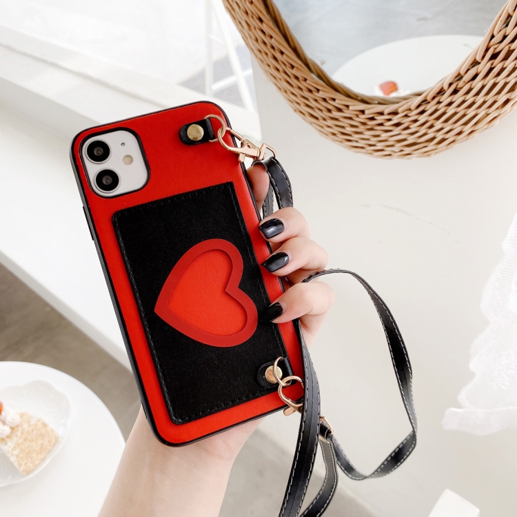

For iPhone 11 Pro Heart Pattern PU + TPU + PC Case with Card Slot & Shoulder Strap(Red + Black)