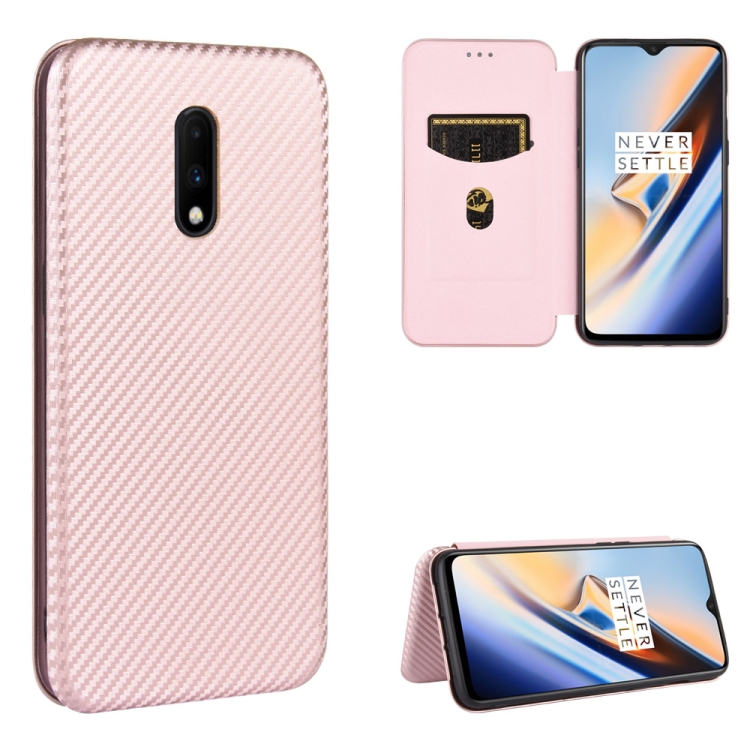 

For OnePlus 7 Carbon Fiber Texture Magnetic Horizontal Flip TPU + PC + PU Leather Case with Card Slot(Pink)