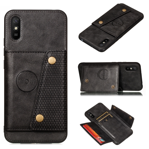 

For Xiaomi Redmi 9A Double Buckle PU + TPU Shockproof Magnetic Protective Case with Card Slot & Holder(Black)