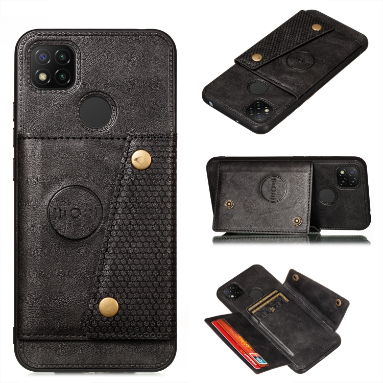 

For Xiaomi Redmi 9C Double Buckle PU + TPU Shockproof Magnetic Protective Case with Card Slot & Holder(Black)