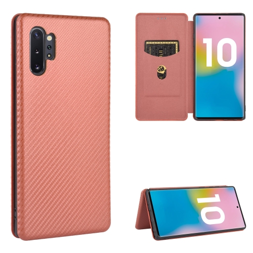 

For Samsung Galaxy Note10 Plus Carbon Fiber Texture Magnetic Horizontal Flip TPU + PC + PU Leather Case with Card Slot(Brown)