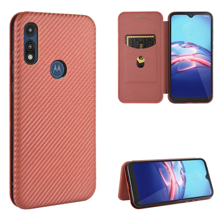 

For Motorola Moto E(2020) Carbon Fiber Texture Magnetic Horizontal Flip TPU + PC + PU Leather Case with Rope & Card Slot(Brown)