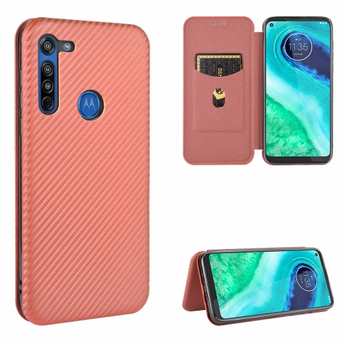 

For Motorola Moto G8 Power(EU Version) Carbon Fiber Texture Magnetic Horizontal Flip TPU + PC + PU Leather Case with Rope & Card Slot(Brown)