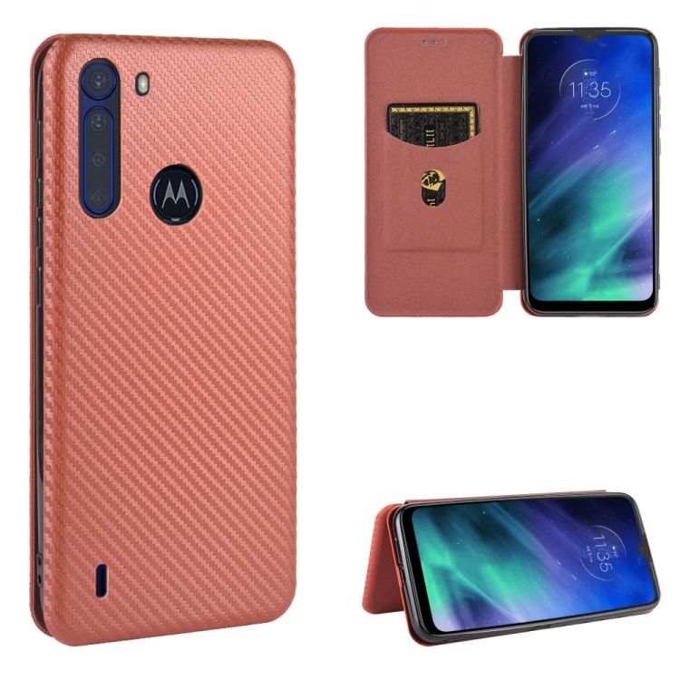 

For Motorola Moto One Fusion Carbon Fiber Texture Magnetic Horizontal Flip TPU + PC + PU Leather Case with Rope & Card Slot(Brown)
