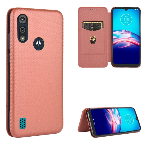 

For Motorola Moto E6s (2020) Carbon Fiber Texture Magnetic Horizontal Flip TPU + PC + PU Leather Case with Rope & Card Slot(Brown)