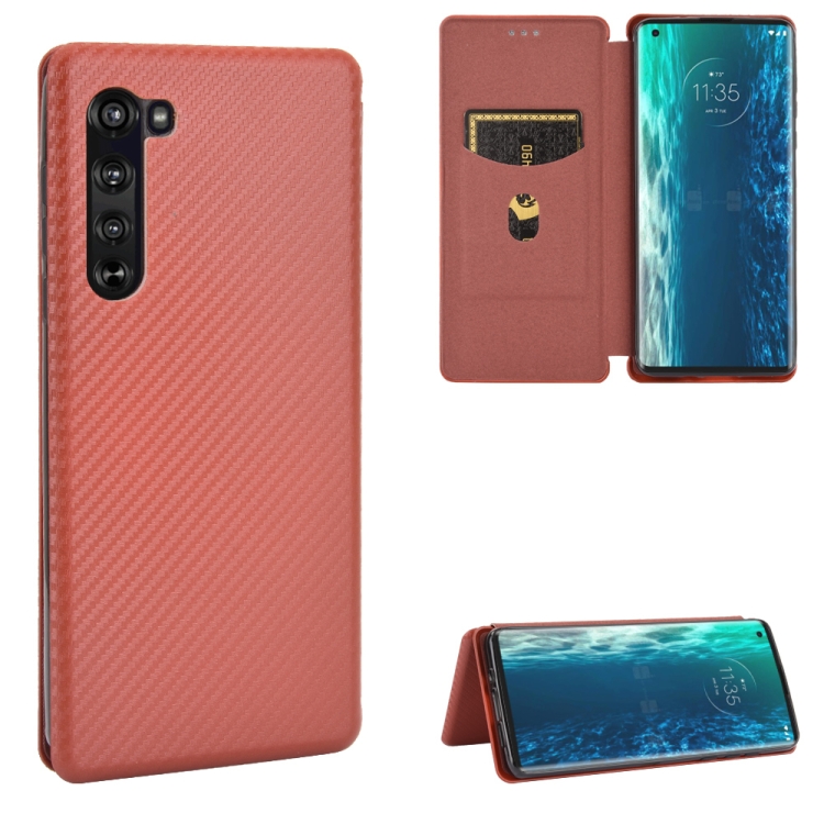 

For Motorola Moto Edge Carbon Fiber Texture Magnetic Horizontal Flip TPU + PC + PU Leather Case with Rope & Card Slot(Brown)