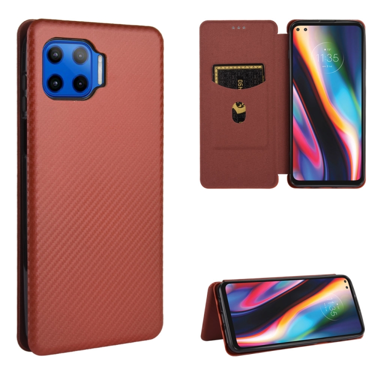 

For Motorola Moto G 5G Plus Carbon Fiber Texture Magnetic Horizontal Flip TPU + PC + PU Leather Case with Rope & Card Slot(Brown)