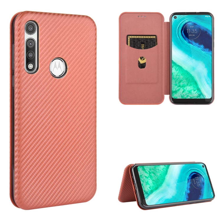 

For Motorola Moto G Fast Carbon Fiber Texture Magnetic Horizontal Flip TPU + PC + PU Leather Case with Rope & Card Slot(Brown)