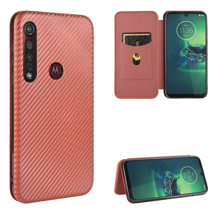 

For Motorola Moto G8 Plus Carbon Fiber Texture Magnetic Horizontal Flip TPU + PC + PU Leather Case with Rope & Card Slot(Brown)