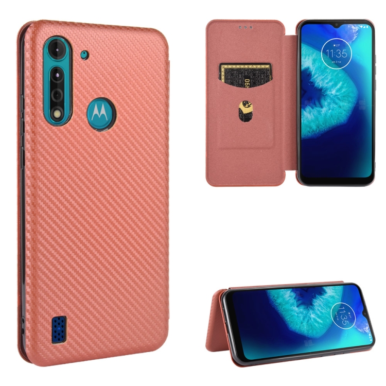 

For Motorola Moto G8 Power Lite Carbon Fiber Texture Magnetic Horizontal Flip TPU + PC + PU Leather Case with Rope & Card Slot(Brown)