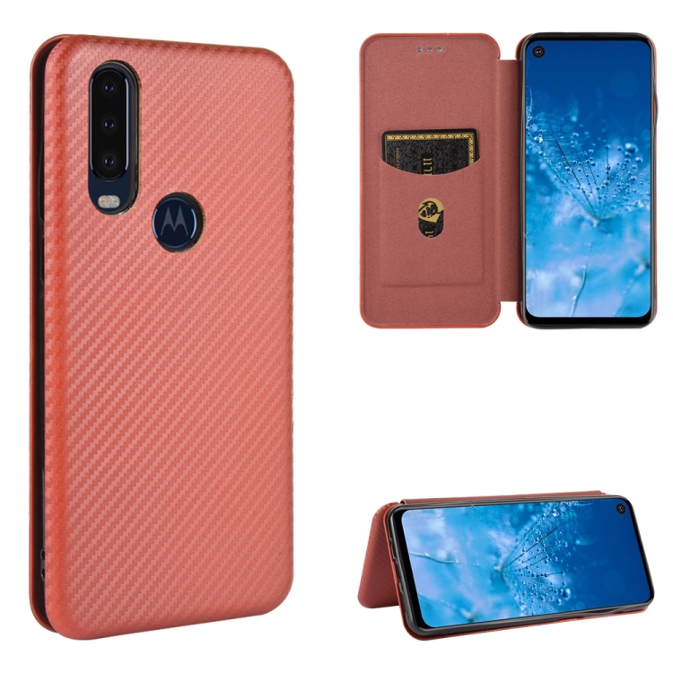 

For Motorola Moto P40 Power / One Action Carbon Fiber Texture Magnetic Horizontal Flip TPU + PC + PU Leather Case with Rope & Card Slot(Brown)