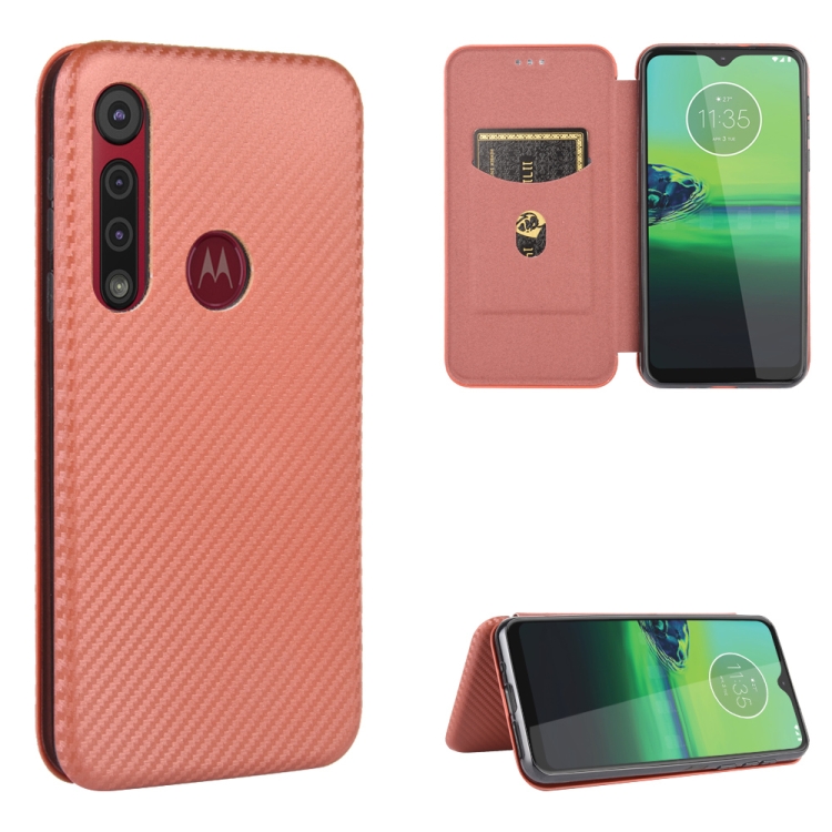 

For Motorola Moto One Macro / G8 Play Carbon Fiber Texture Magnetic Horizontal Flip TPU + PC + PU Leather Case with Rope & Card Slot(Brown)