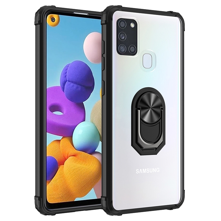

For Samsung Galaxy A21s Shockproof Transparent TPU + Acrylic Protective Case with Ring Holder(Black)