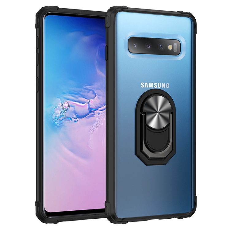 

For Samsung Galaxy S10 Shockproof Transparent TPU + Acrylic Protective Case with Ring Holder(Black and Silver)