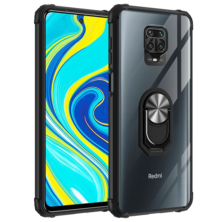 

For Xiaomi Redmi Note 9 Pro Shockproof Transparent TPU + Acrylic Protective Case with Ring Holder(Black and Silver)