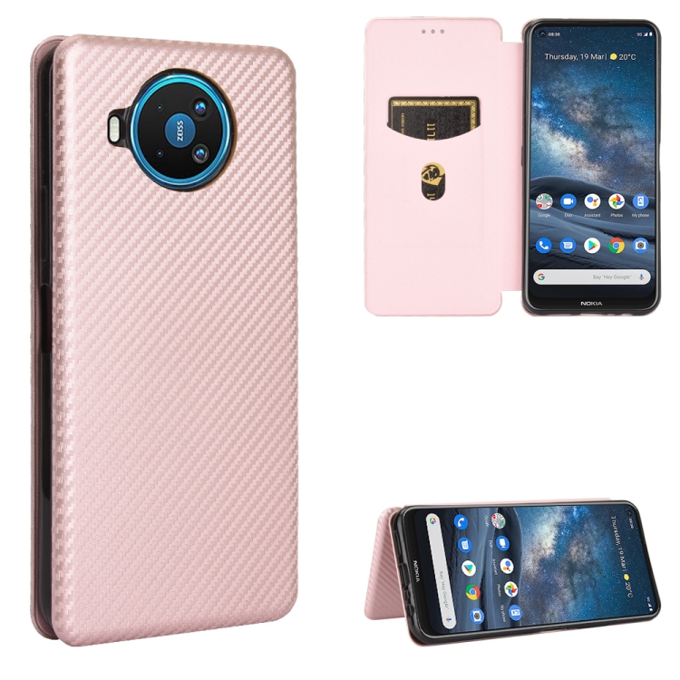 

For Nokia 8.3 5G Carbon Fiber Texture Magnetic Horizontal Flip TPU + PC + PU Leather Case with Card Slot(Pink)
