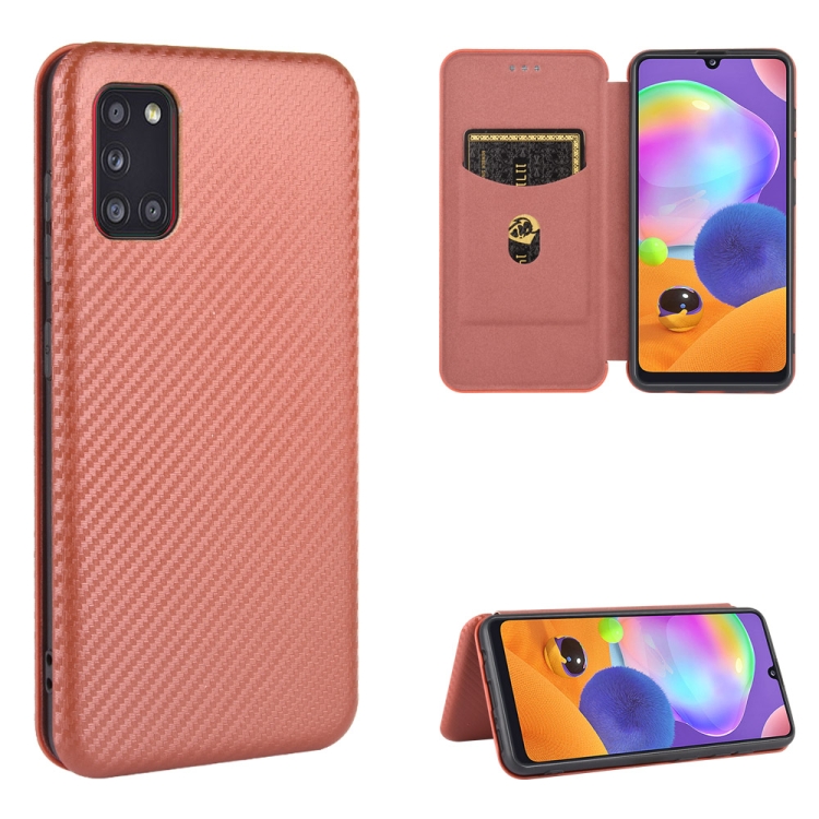 

For Samsung Galaxy A31 Carbon Fiber Texture Magnetic Horizontal Flip TPU + PC + PU Leather Case with Rope & Card Slot(Brown)