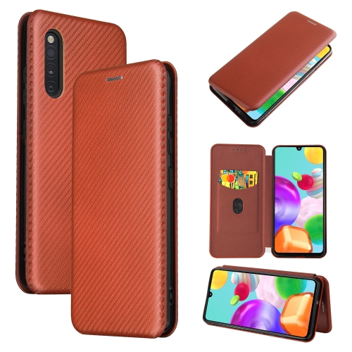 

For Samsung Galaxy A41(JP Version) Carbon Fiber Texture Magnetic Horizontal Flip TPU + PC + PU Leather Case with Rope & Card Slot(Brown)