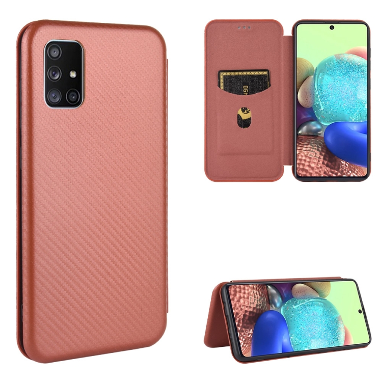 

For Samsung Galaxy A71 Carbon Fiber Texture Magnetic Horizontal Flip TPU + PC + PU Leather Case with Rope & Card Slot(Brown)