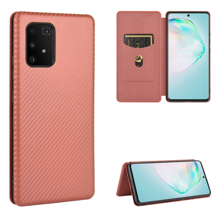 

For Samsung Galaxy A91 / M80s / S10 Lite Carbon Fiber Texture Magnetic Horizontal Flip TPU + PC + PU Leather Case with Rope & Card Slot(Brown)