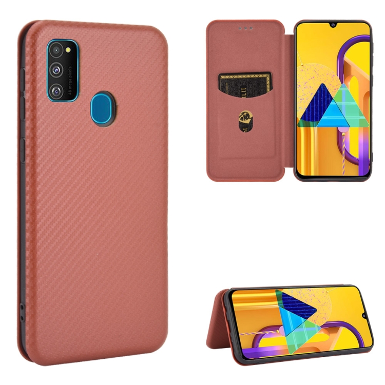 

For Samsung Galaxy M30s / M21 Carbon Fiber Texture Magnetic Horizontal Flip TPU + PC + PU Leather Case with Rope & Card Slot(Brown)