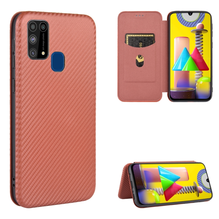 

For Samsung Galaxy M31 Carbon Fiber Texture Magnetic Horizontal Flip TPU + PC + PU Leather Case with Rope & Card Slot(Brown)
