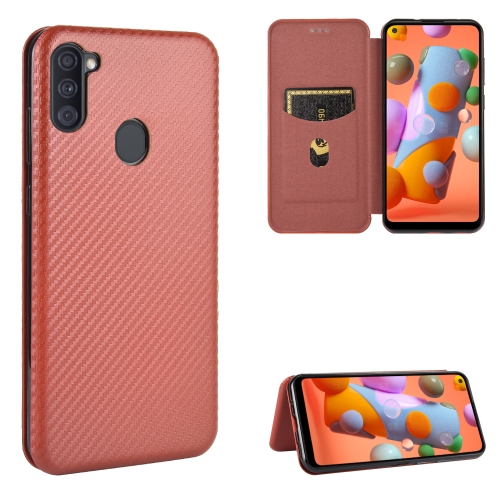 

For Samsung Galaxy A11(EU Version) Carbon Fiber Texture Magnetic Horizontal Flip TPU + PC + PU Leather Case with Rope & Card Slot(Brown)