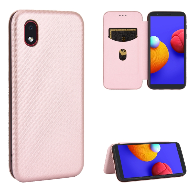 

For Samsung Galaxy M01 Core / A01 Core Carbon Fiber Texture Magnetic Horizontal Flip TPU + PC + PU Leather Case with Rope & Card Slot(Pink)
