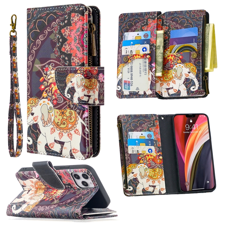 

For iPhone 12 / 12 Pro Colored Drawing Pattern Zipper Horizontal Flip Leather Case with Holder & Card Slots & Wallet(Flower Elephants)