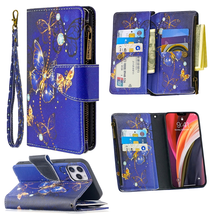 

For iPhone 12 / 12 Pro Colored Drawing Pattern Zipper Horizontal Flip Leather Case with Holder & Card Slots & Wallet(Purple Butterfly)