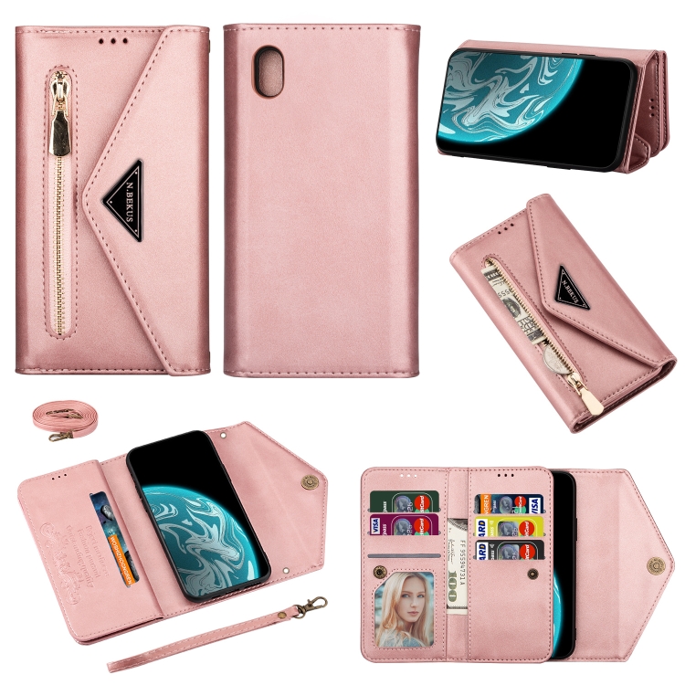 

For Xiaomi Redmi 7A Skin Feel Zipper Horizontal Flip Leather Case with Holder & Card Slots & Photo Frame & Lanyard & Long Rope(Rose Gold)