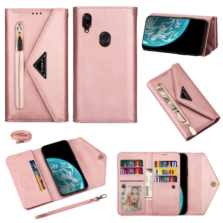 

For Xiaomi Redmi Note 7 Skin Feel Zipper Horizontal Flip Leather Case with Holder & Card Slots & Photo Frame & Lanyard & Long Rope(Rose Gold)