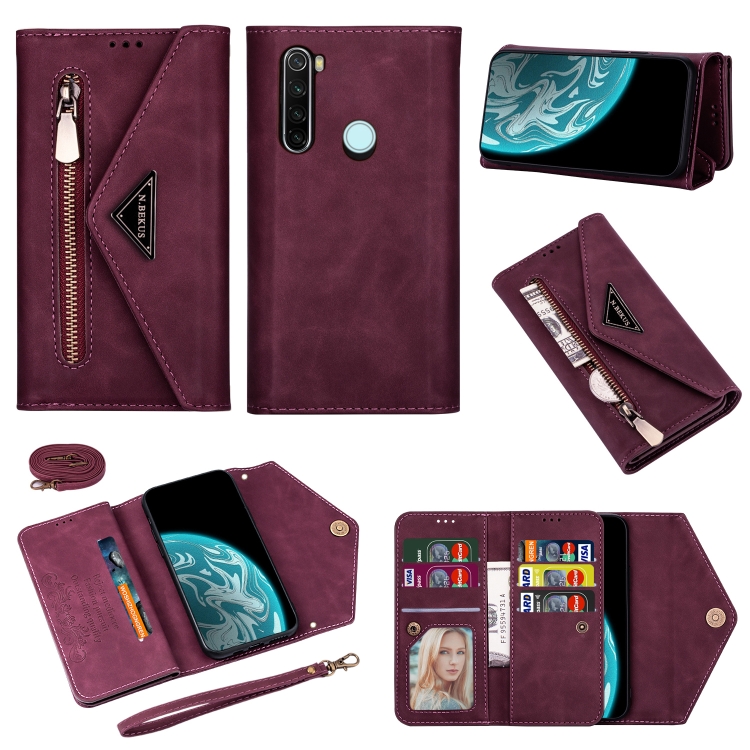 

For Xiaomi Redmi Note 8 Skin Feel Zipper Horizontal Flip Leather Case with Holder & Card Slots & Photo Frame & Lanyard & Long Rope(Wine Red)