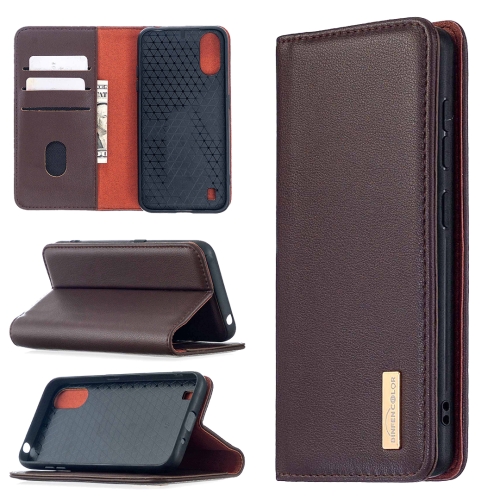 

For Samsung Galaxy A01 2 in 1 Detachable Magnetic Horizontal Flip Genuine Leather Case with Holder & Card Slots & Wallet(Dark Brown)
