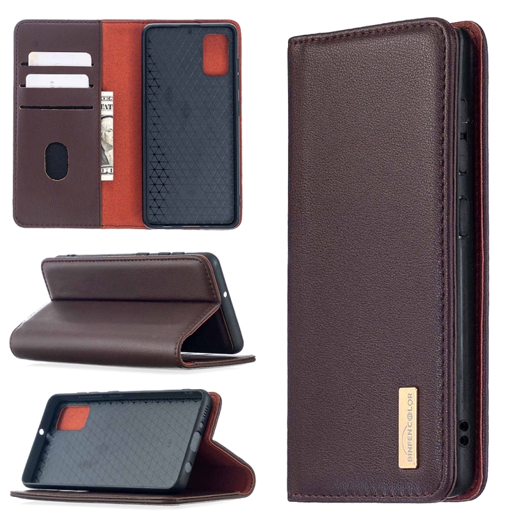

For Samsung Galaxy A41 2 in 1 Detachable Magnetic Horizontal Flip Genuine Leather Case with Holder & Card Slots & Wallet(Dark Brown)