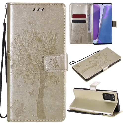 

For Samsung Galaxy Note20 Tree & Cat Pattern Pressed Printing Horizontal Flip PU Leather Case with Holder & Card Slots & Wallet & Lanyard(Gold)