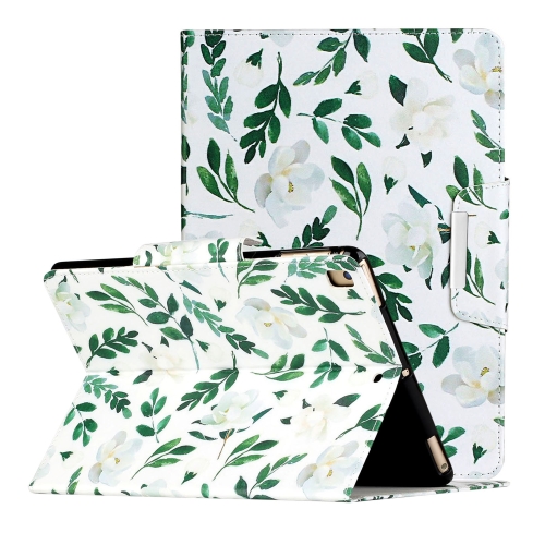 

For iPad 10.2 Painted Pattern Horizontal Flip Leather Case with Holder(White Flower Leaves)