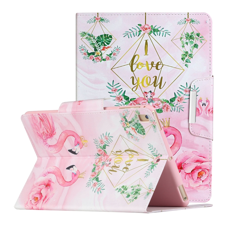 

For iPad 9.7 (2018) Painted Pattern Horizontal Flip Leather Case with Holder(Leaves Flamingo)