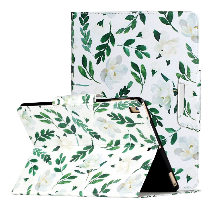

For iPad 9.7 (2018) Painted Pattern Horizontal Flip Leather Case with Holder(White Flower Leaves)