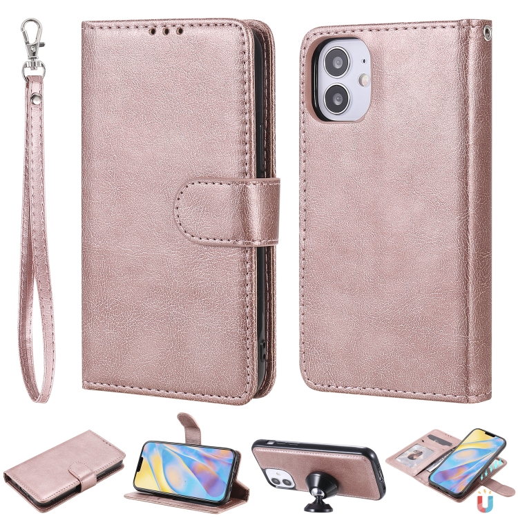 

For iPhone 12 mini 2 in 1 Solid Color Detachable PU Leather Case with Card Slots & Magnetic Holder & Photo Frame & Wallet & Strap(Rose Gold)