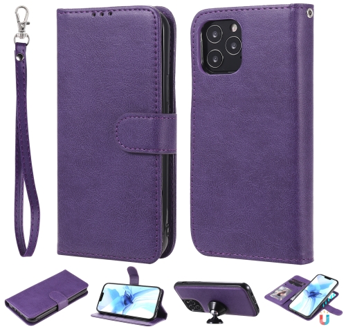 

For iPhone 12 Max / 12 Pro 2 in 1 Solid Color Detachable PU Leather Case with Card Slots & Magnetic Holder & Photo Frame & Wallet & Strap(Purple)