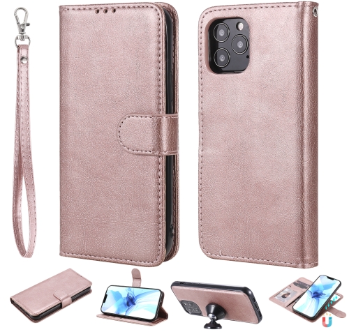 

For iPhone 12 / 12 Pro 2 in 1 Solid Color Detachable PU Leather Case with Card Slots & Magnetic Holder & Photo Frame & Wallet & Strap(Rose Gold)