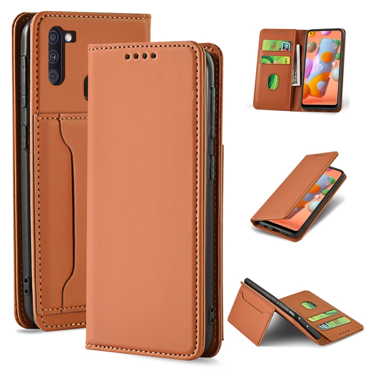 

For Samsung Galaxy A11 Strong Magnetism Liquid Feel Horizontal Flip Leather Case with Holder & Card Slots & Wallet(Brown)
