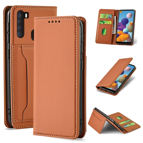 

For Samsung Galaxy A21 Strong Magnetism Liquid Feel Horizontal Flip Leather Case with Holder & Card Slots & Wallet(Brown)