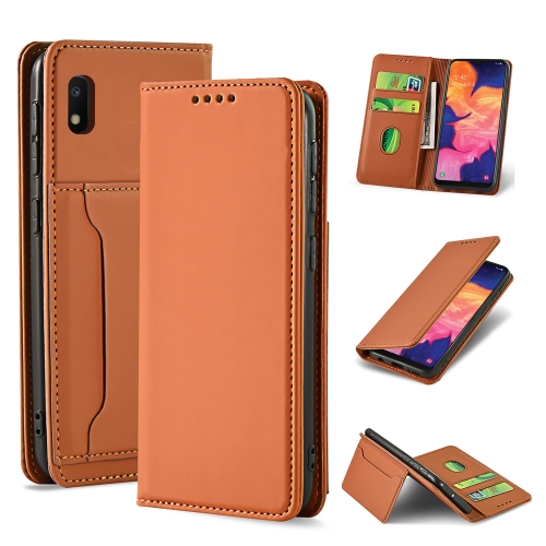 

For Samsung Galaxy A10 Strong Magnetism Liquid Feel Horizontal Flip Leather Case with Holder & Card Slots & Wallet(Brown)