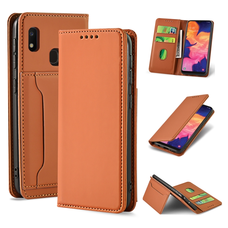 

For Samsung Galaxy A10e Strong Magnetism Liquid Feel Horizontal Flip Leather Case with Holder & Card Slots & Wallet(Brown)