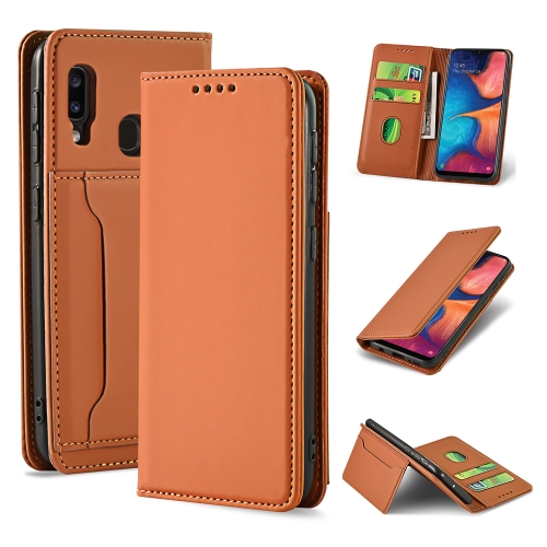 

For Samsung Galaxy A20 Strong Magnetism Liquid Feel Horizontal Flip Leather Case with Holder & Card Slots & Wallet(Brown)